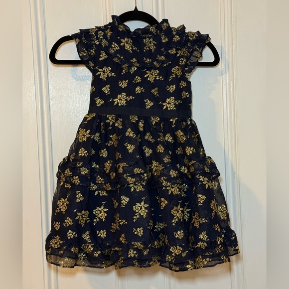 Janie and Jack Dark Marine Floral The Sparkle Holiday Dress Navy Gold Glitter - Picture 5 of 10